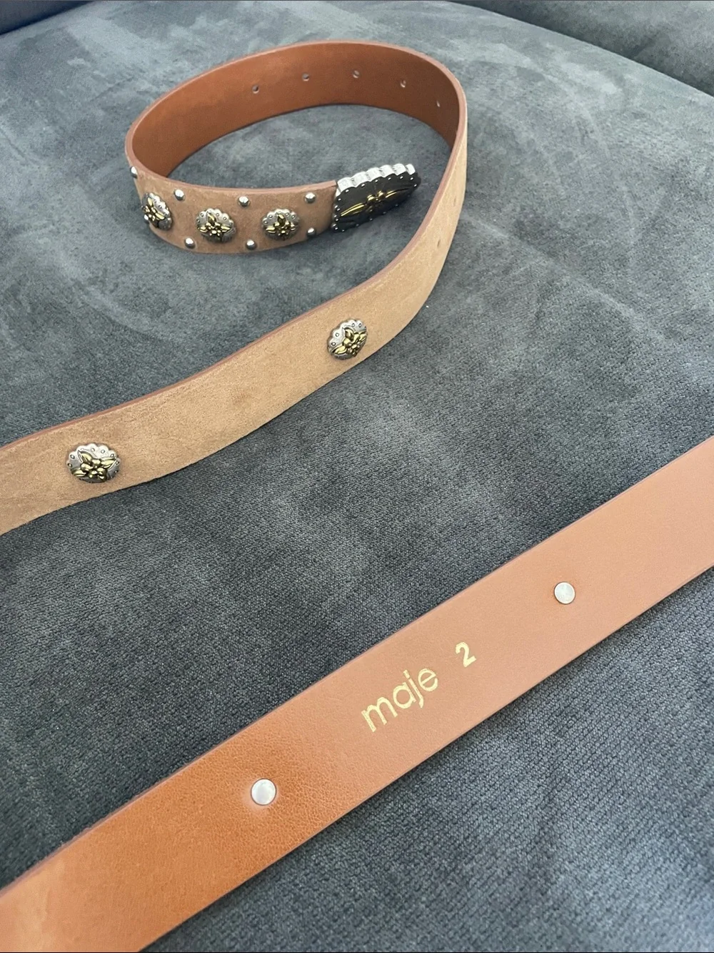 Maje Tan Suede Belt with Gold Conchos